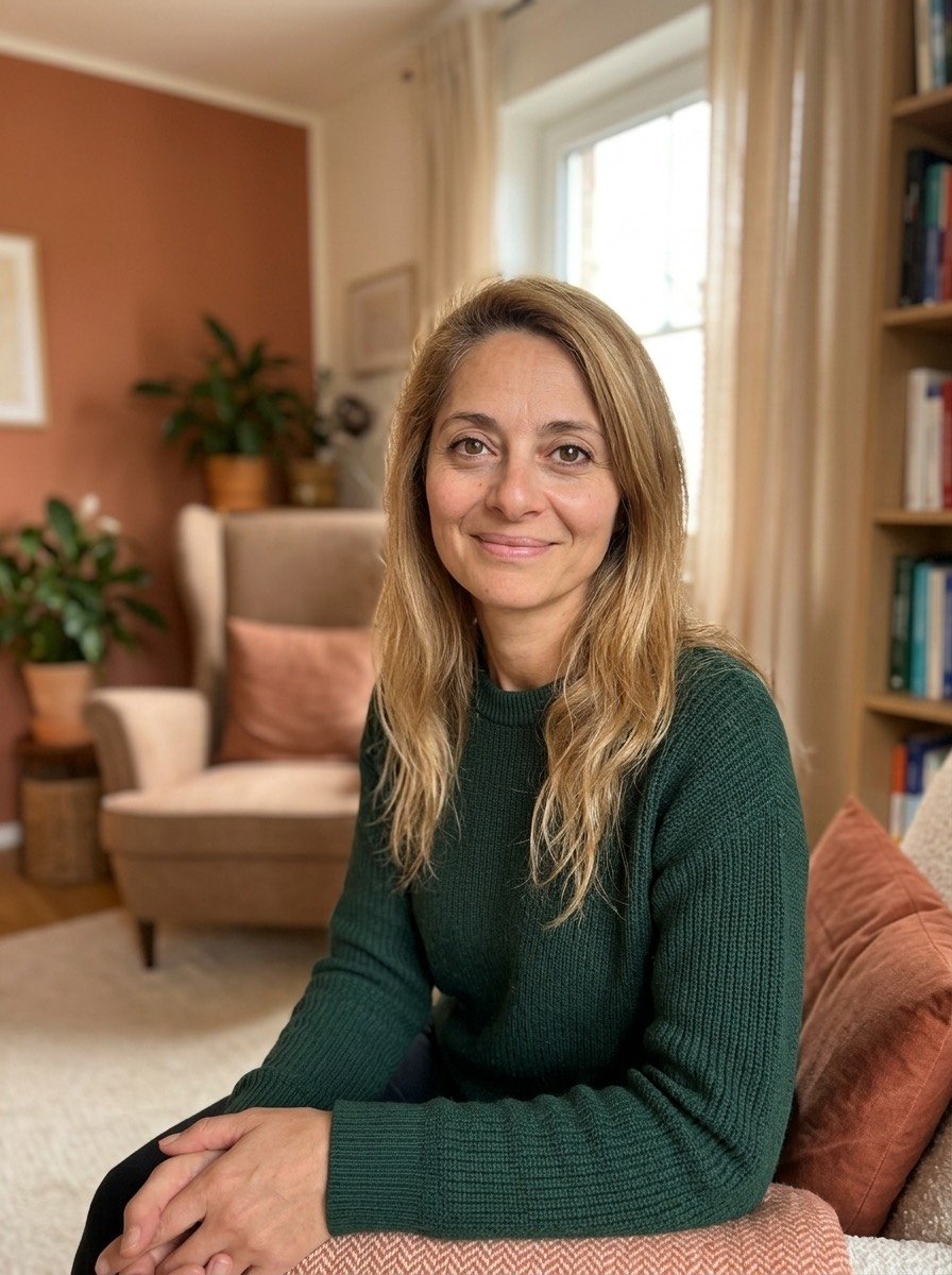 Porträt von Jasmina Gajic, lächelnd in einem gemütlichen Wohnzimmer.